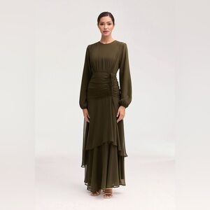 NWT Veiled Narjis side rouched Elegant Olive Green Maxi Dress